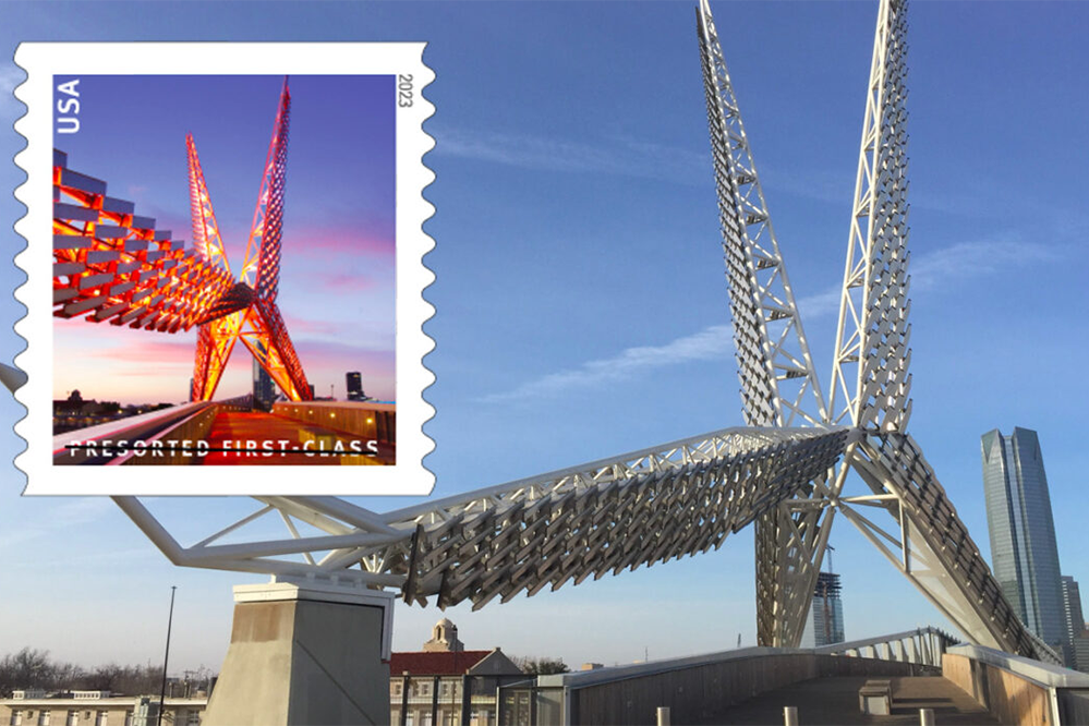 stamp detail shown within photo of the Skydance Bridge