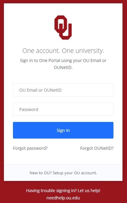 screen shot of OU ONE portal login