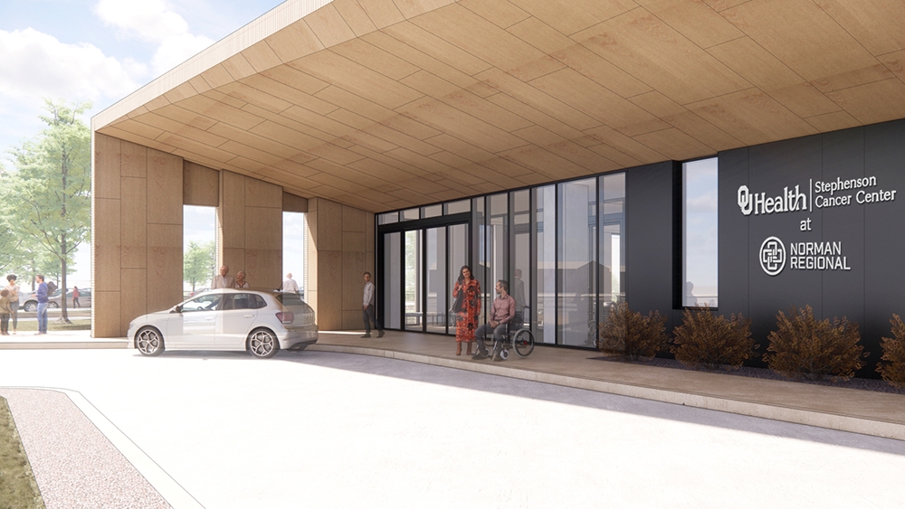 rendering image of proposed center: a modern cement building front with patients using the entrance and front drive