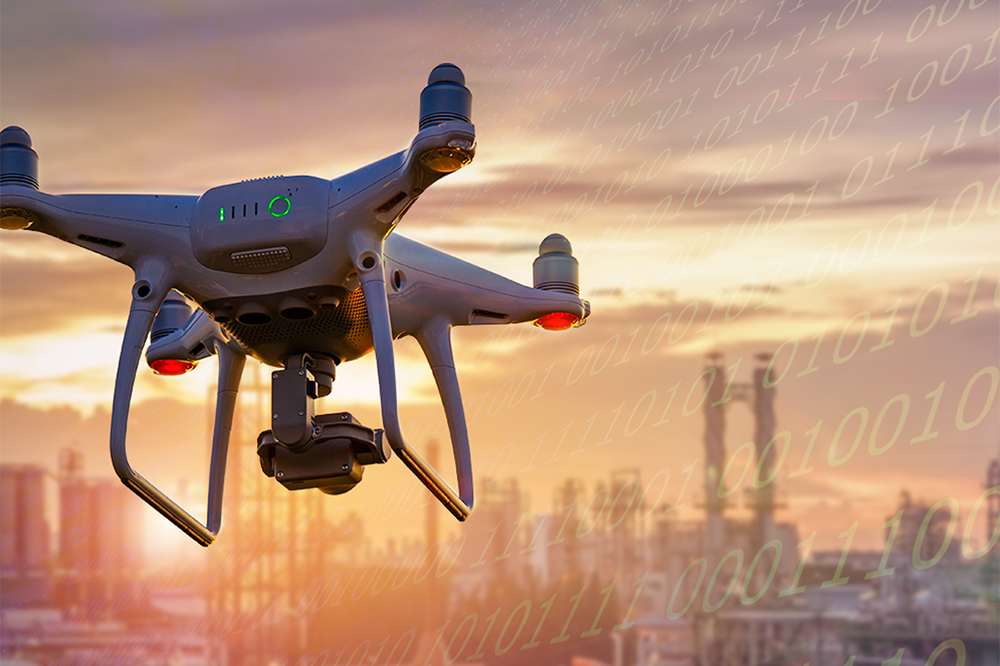 photo illustration: drone, cityscape and binary numbers