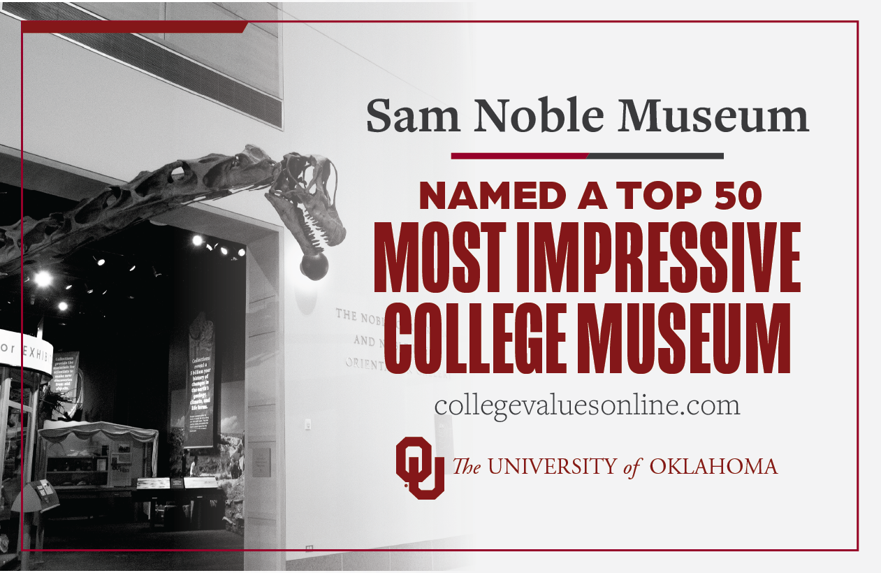 SNM Named a top 50 Most Impressive College Museum graphic apatosaurus skeleton in background.