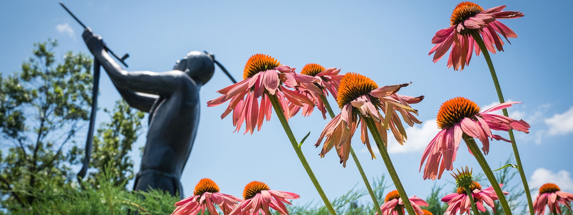 Alan Houser statue, with pink flowers in the foreground and a blue sky.