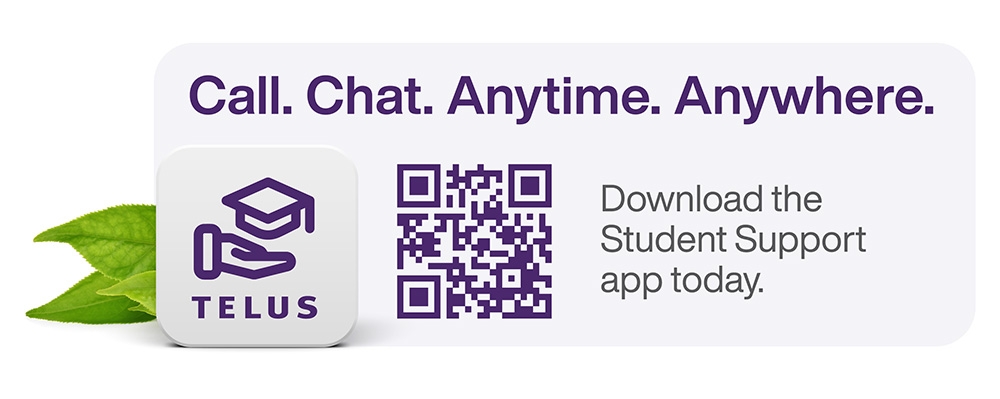 Call. Chat. Anytime. Anywhere. Telus Download the Student Support app today. Image contains QR code to scan for download