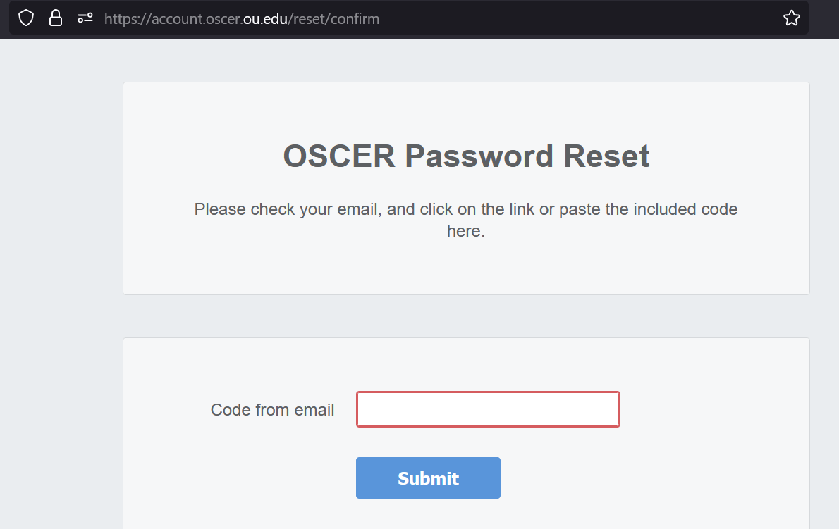 OSCER password reset enter code received in email