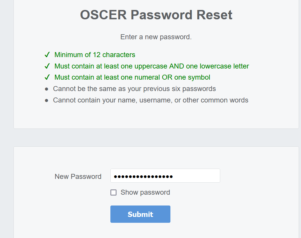 OSCER password reset requirements