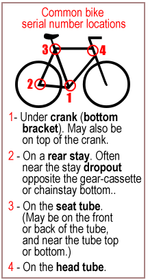 Common bicycle serial number locations