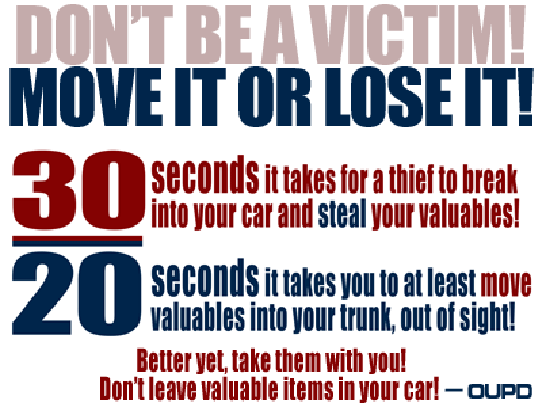 30 seconds for a thief to break into your car. 20 seconds for you to move valuables into your trunk. Don't be a victim! Move it or Lose it! 