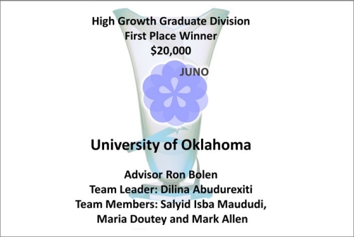 High Growth Graduate Division First Place Winner - $20,000 - University of Oklahoma - Advisor Ron Bolen, Team Leader: Dilina Abudurexiti, Team Members: Salyid Isba Maududi, Maria Doutey and Mark Allen