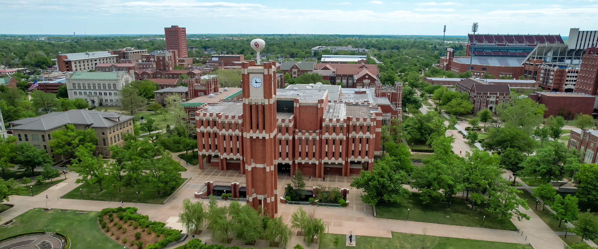 Aerial view of the OU clock tower and Bizzell Memorial Library