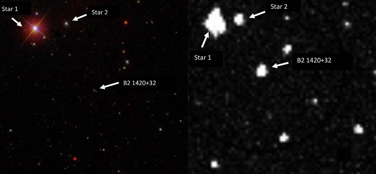 Sloan Digital Sky Survey archival image from March 2004 (top) and the image from the authors' observation campaign of the blazar, B2 1420+32, taken in January 2020 using ASAS-SN (bottom). The blazar brightness increased by a factor of 100.