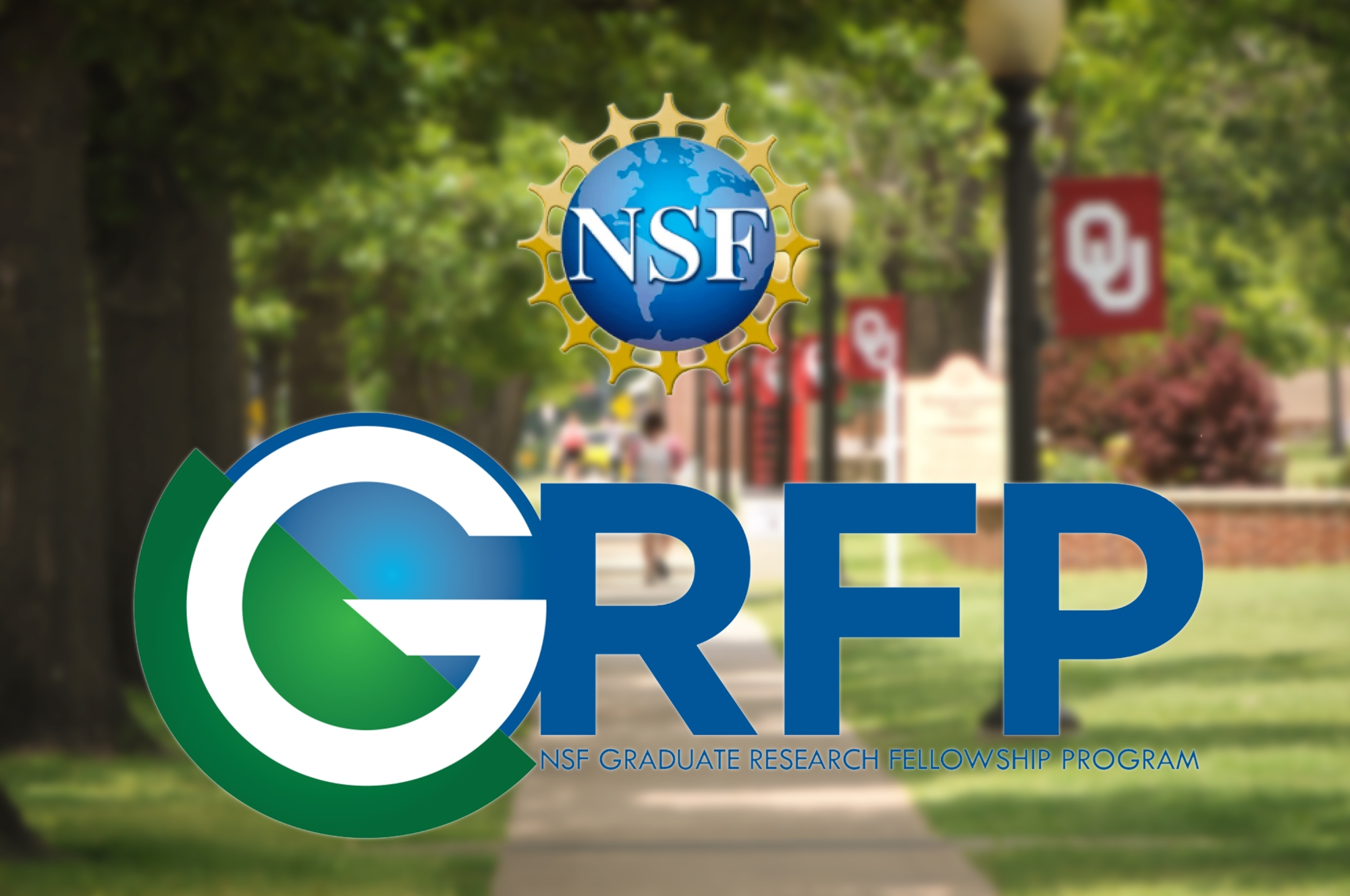 NSF logo and GRFP logo overlaid on a view on the OU campus
