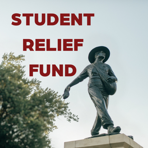 Student Relief Fund text over seed sower statue