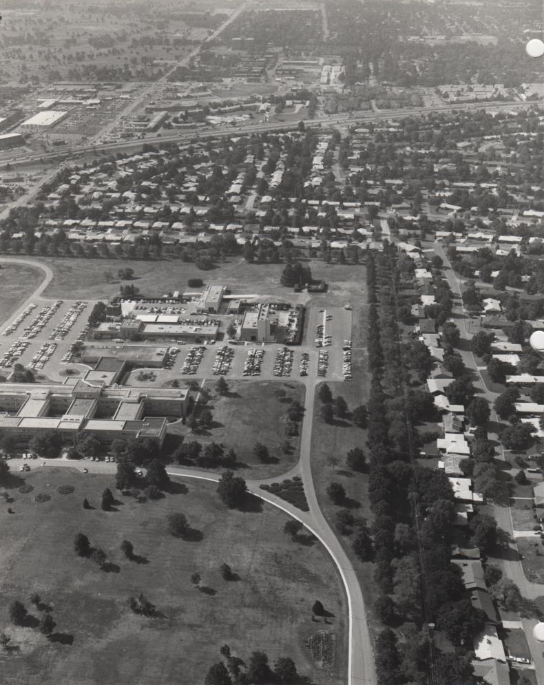 A black and white aerial photo showing the current OU-Tulsa campus
