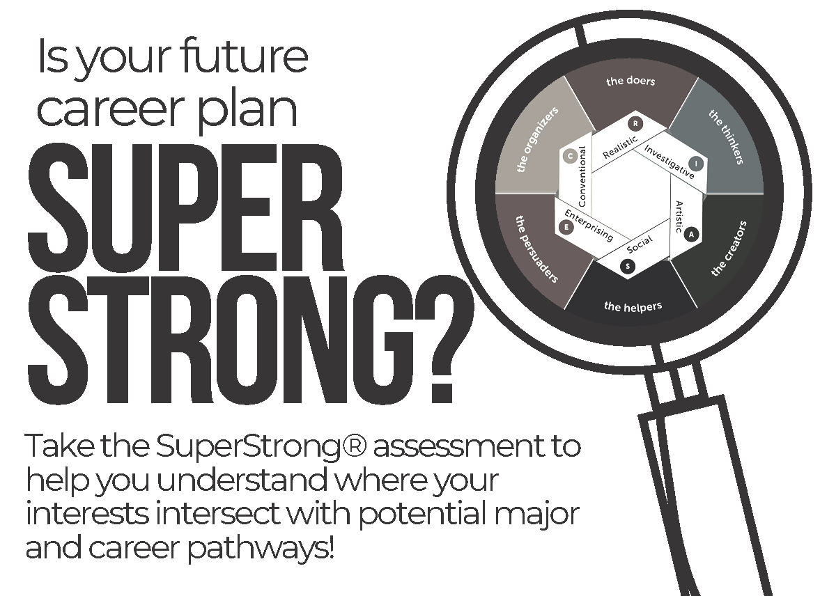 Is your future career plan super strong? Take the SuperStrong Assessment to help you understand where your interests intersect with potential major and career pathways! Image of a magnifying glass looking at career themes.