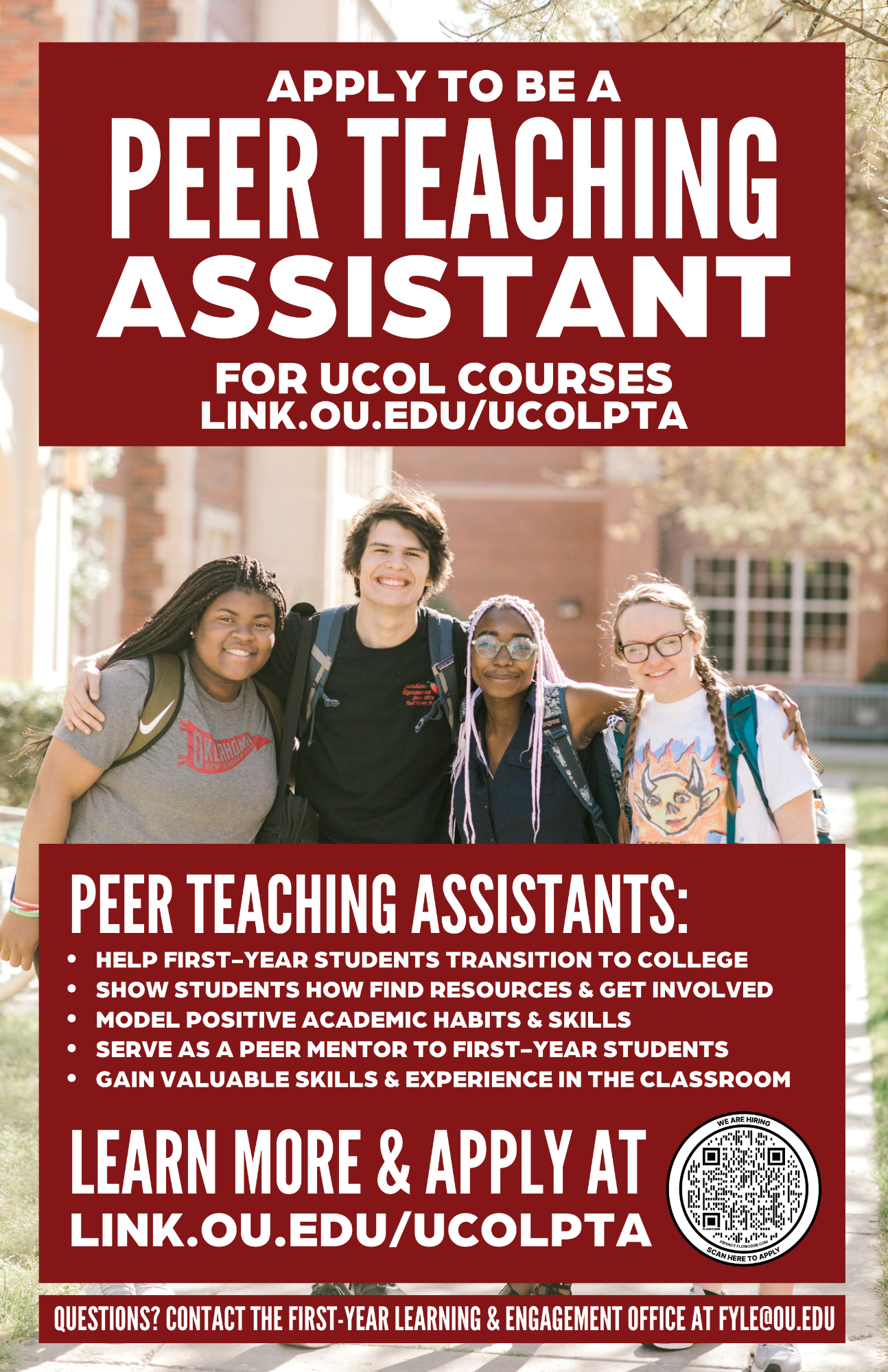 Flyer for the PTA Position.  Apply to be a Peer Teaching Assistant for UCOL Courses at link.ou.edu/ucolpta