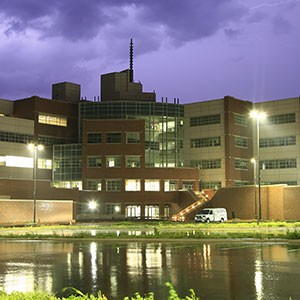 National Weather Center with Lightning in Sky