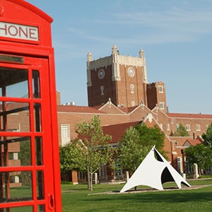 Oklahoma Memorial Union with Red Phone Booth in Foreground