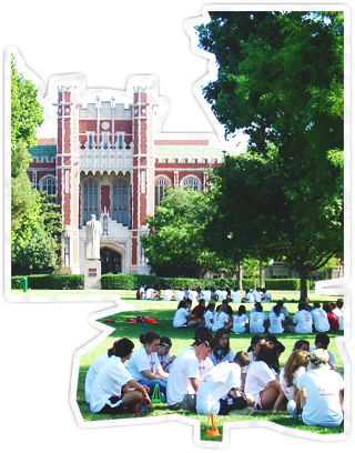 Students in groups on the South Oval