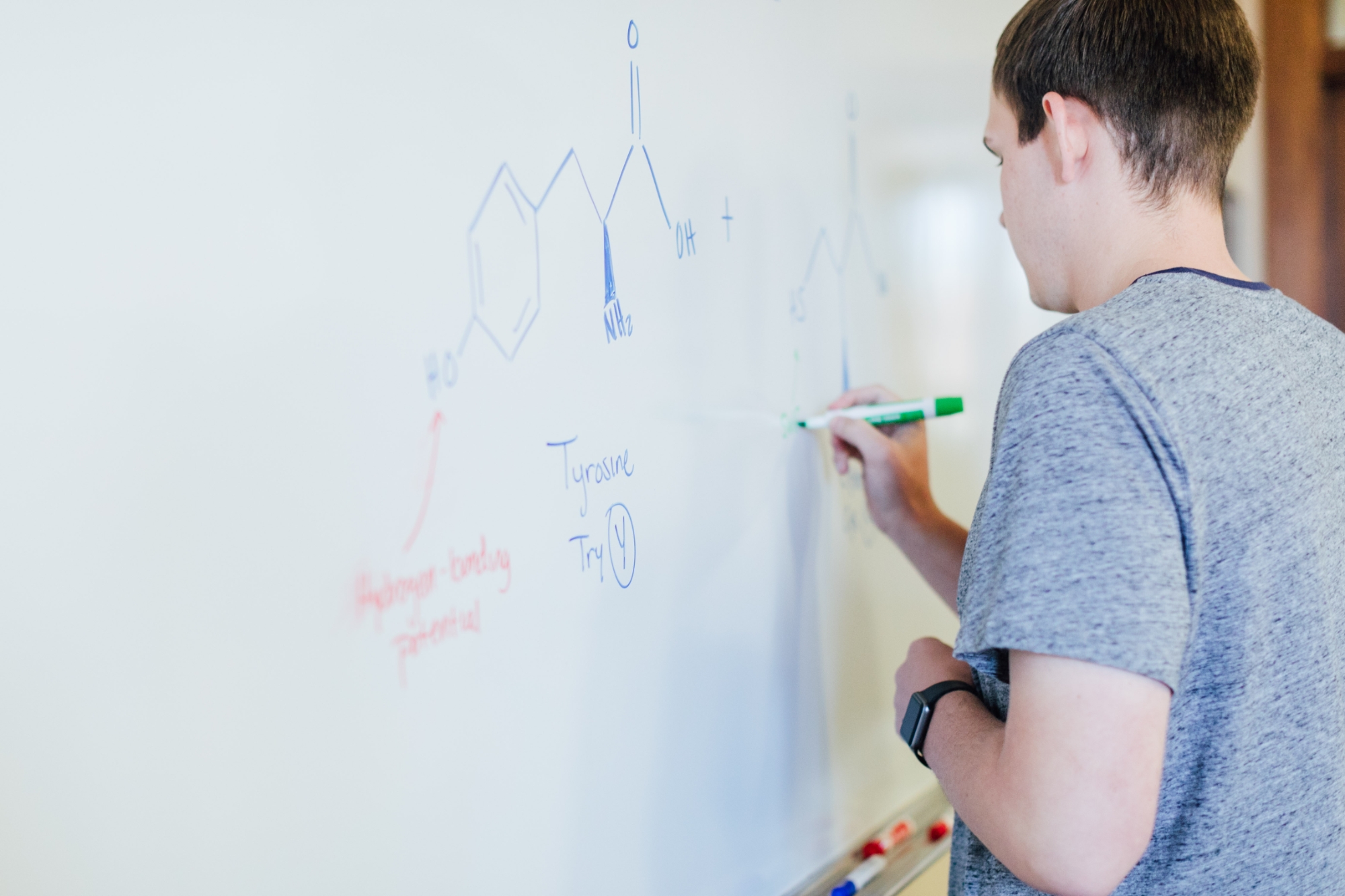 A faculty mentor talking to a group of students.