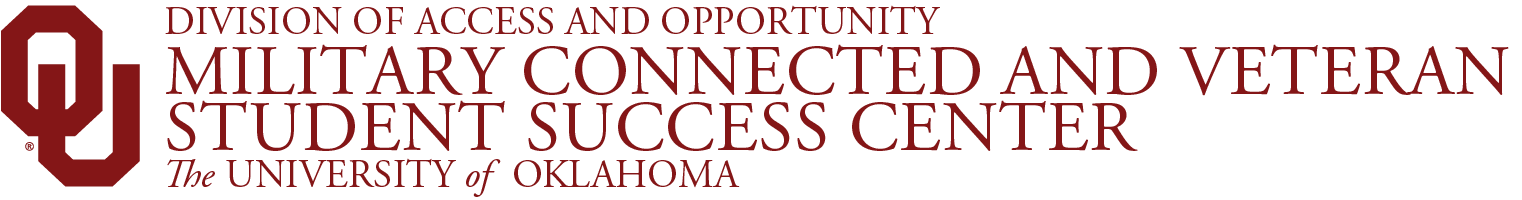 Interlocking OU, Division of Access and Opportunity, Military Connected and Veteran Student Success Center, The University of Oklahoma website wordmark.