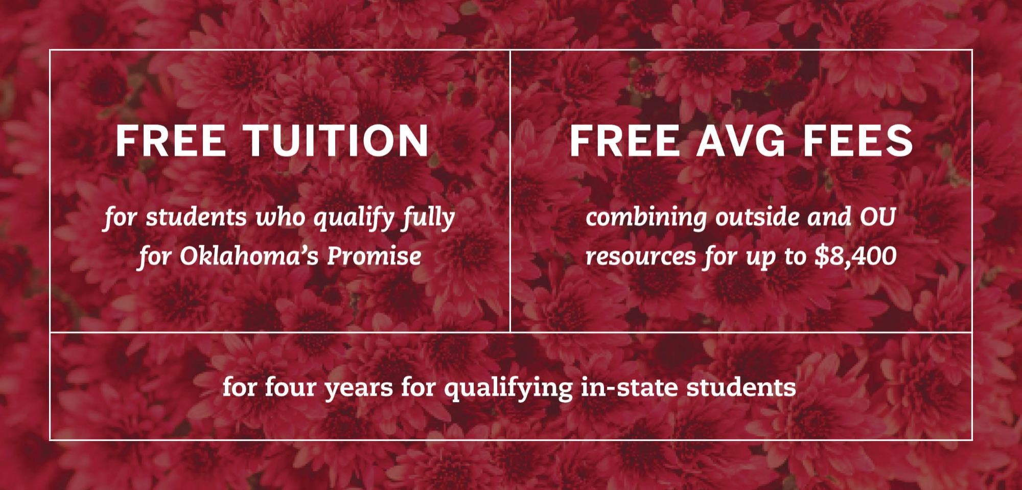 Crimson Commitment: Free tuition for students who qualify fully for Oklahoma's Promise, and free average feed combining outside and OU resources for up to $8,000 for four years for qualifying in-state students