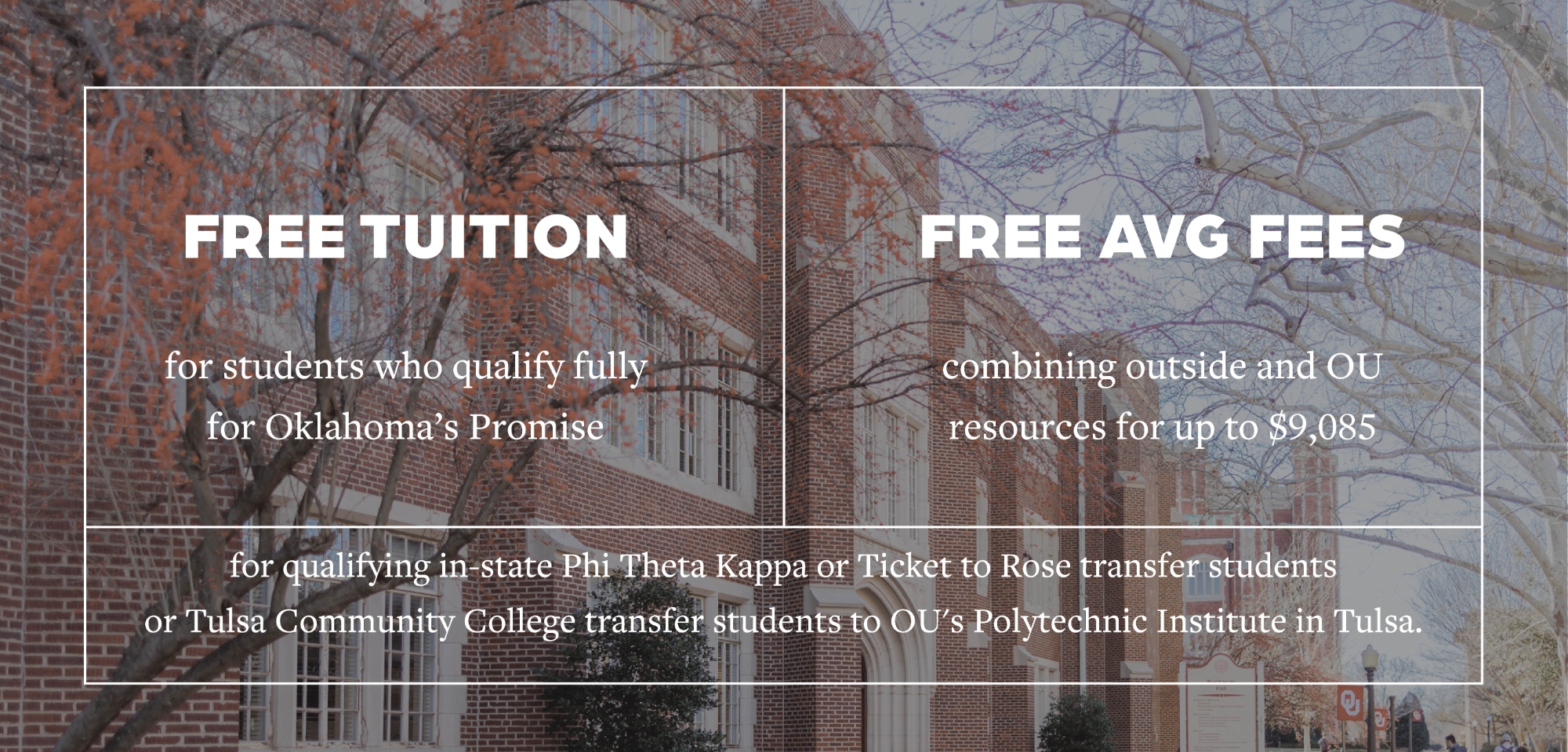 Crimson Commitment: Free tuition for students who qualify fully for Oklahoma's Promise, free average fees combining outside and OU resources for up to $9,085 for qualifying in-state Phi Theta Kappa or Ticket to Rose transfer students