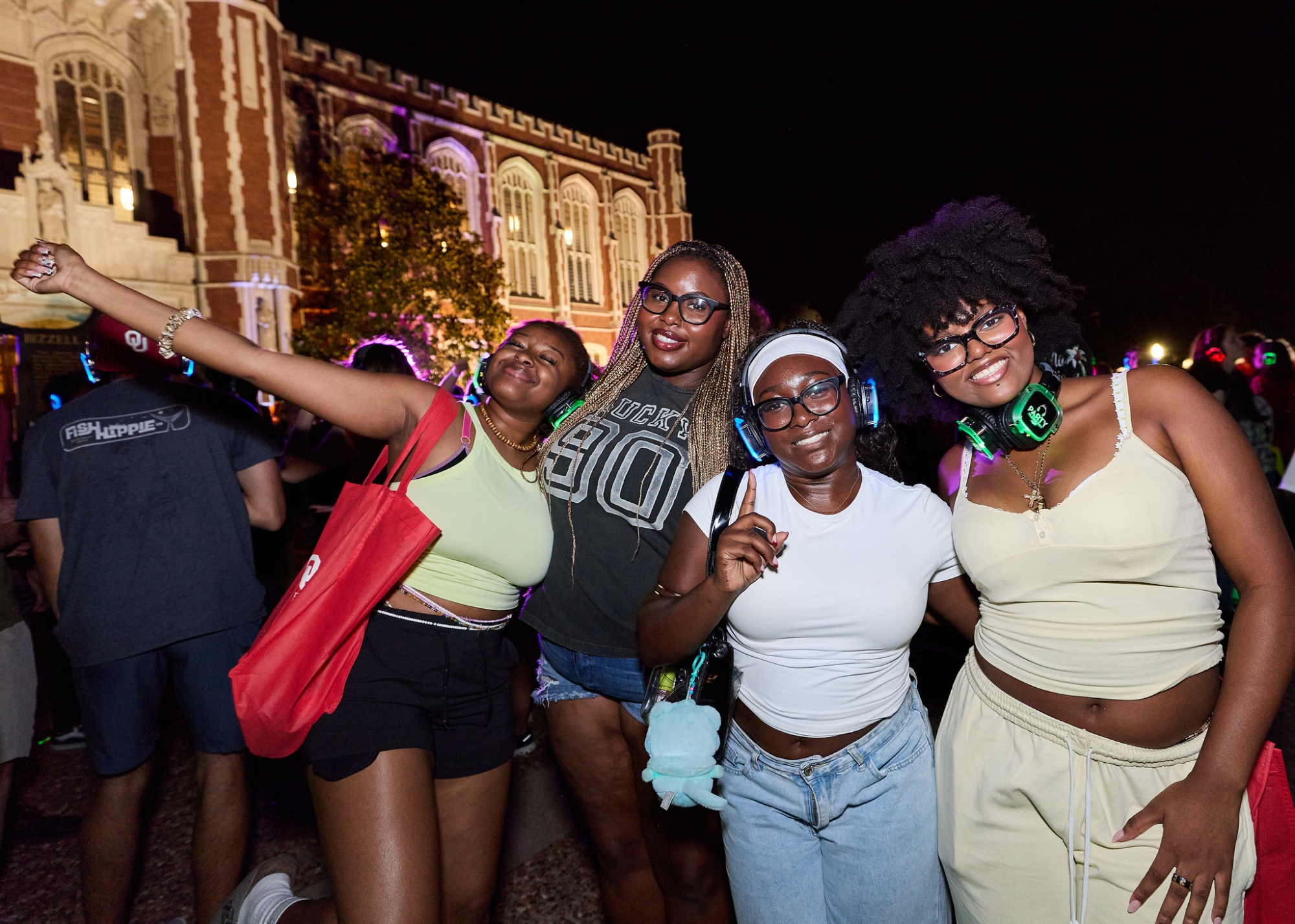 Students in front of the Bizzell Memorial Library during Silent Disco