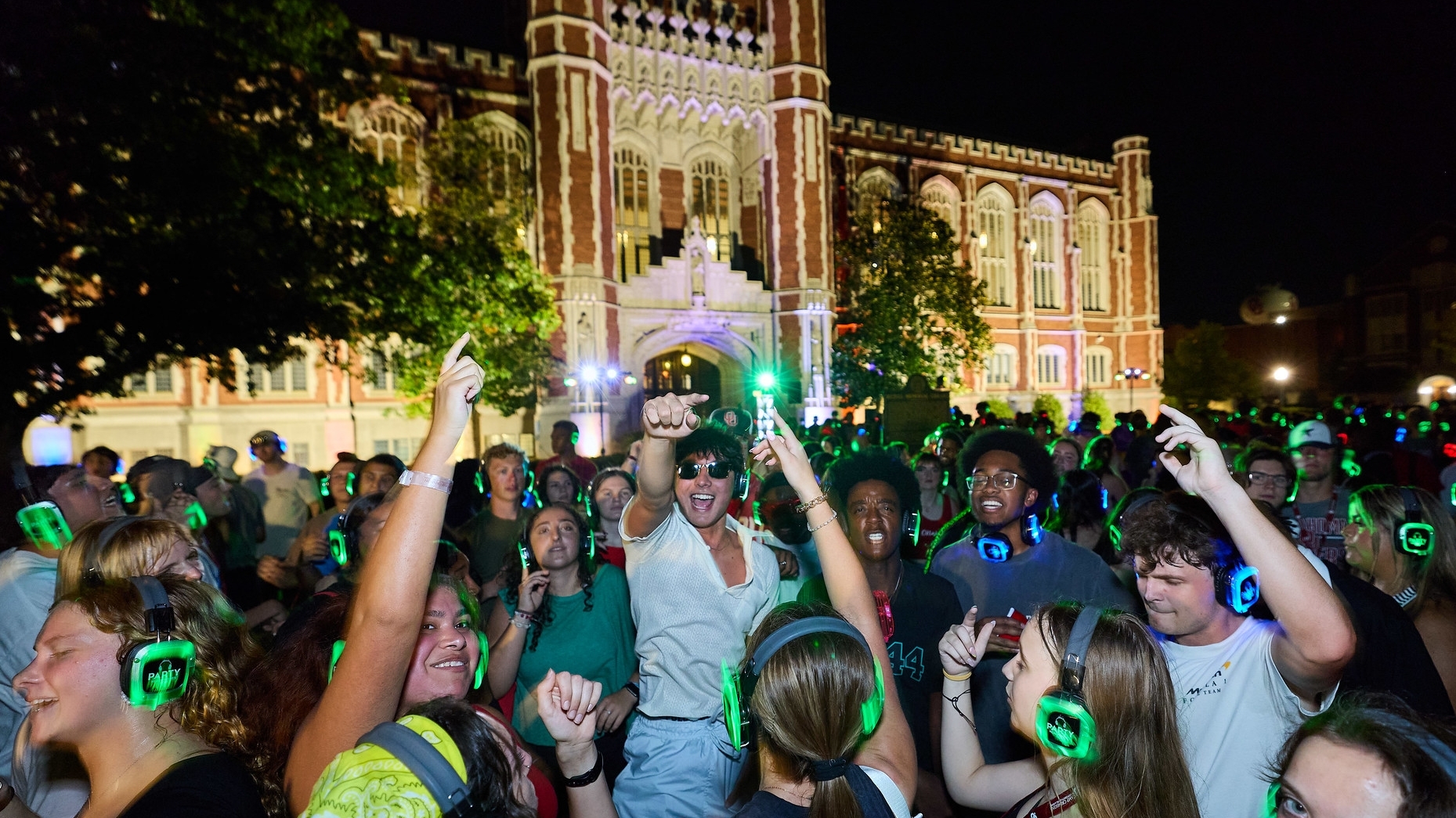 Silent disco in front of the Bizzell Memorial Library