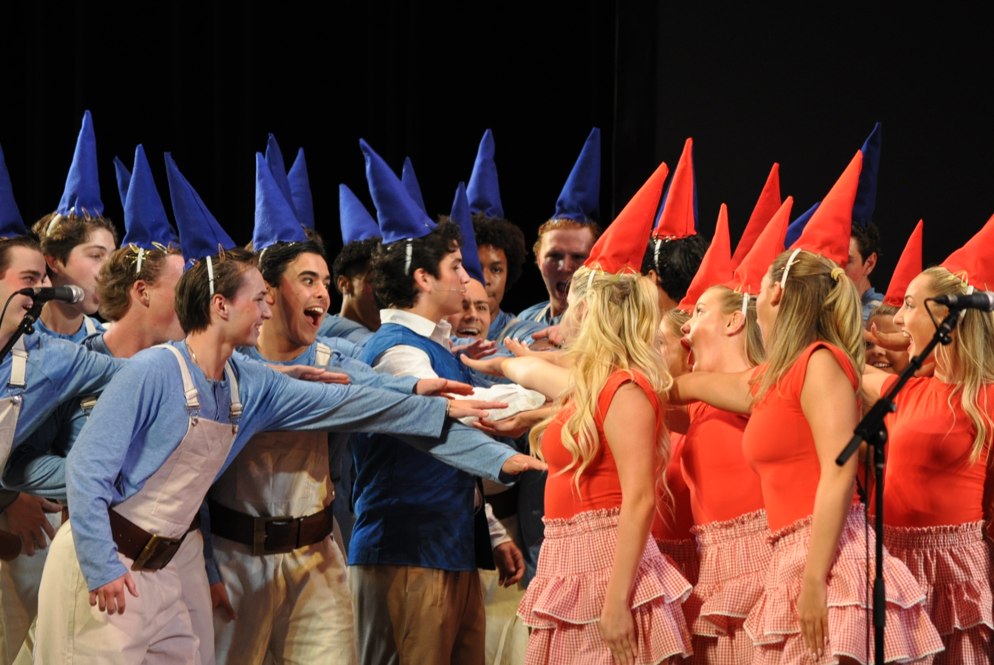 Students performing in gnome costumes inspired by Gnomeo and Juliet. 