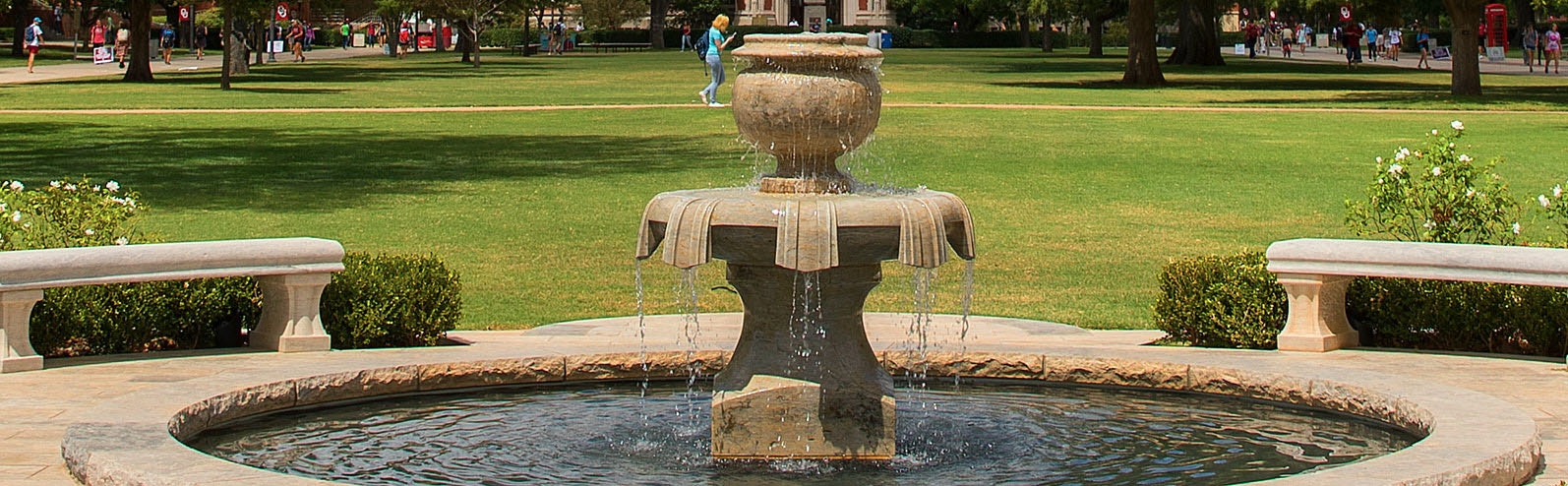 Photo of a fountain in the south oval located in the OU Norman campus.