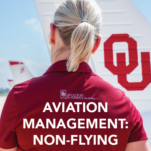 The back of a student with a red shirt, the tailfin of the plane with the interlocked OU. Aviation Management: Non-Flying 