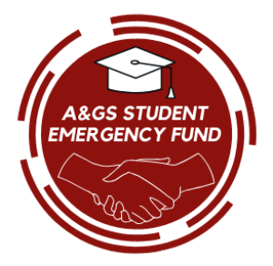 A circular illustration, in dark red and white, of a handshake, a mortarboard, and the title A&GS Student Emergency Fund.