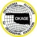 A map of Oklahoma with OKAGE on it, covering a globe mapped out in a grid, with the organization’s name around the other edges of the circle. OKAGE. Oklahoma Alliance for Geographical Education.