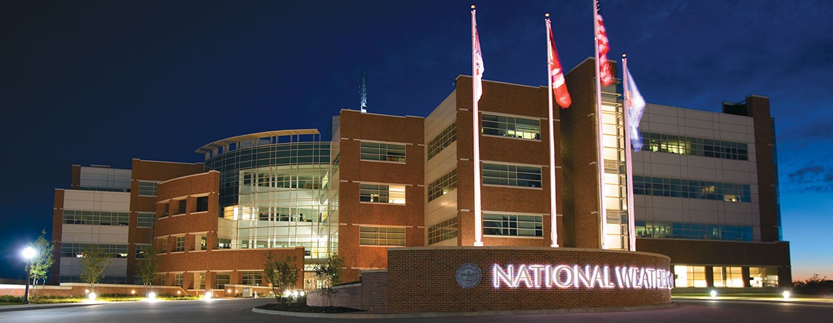 The National Weather Center at night.