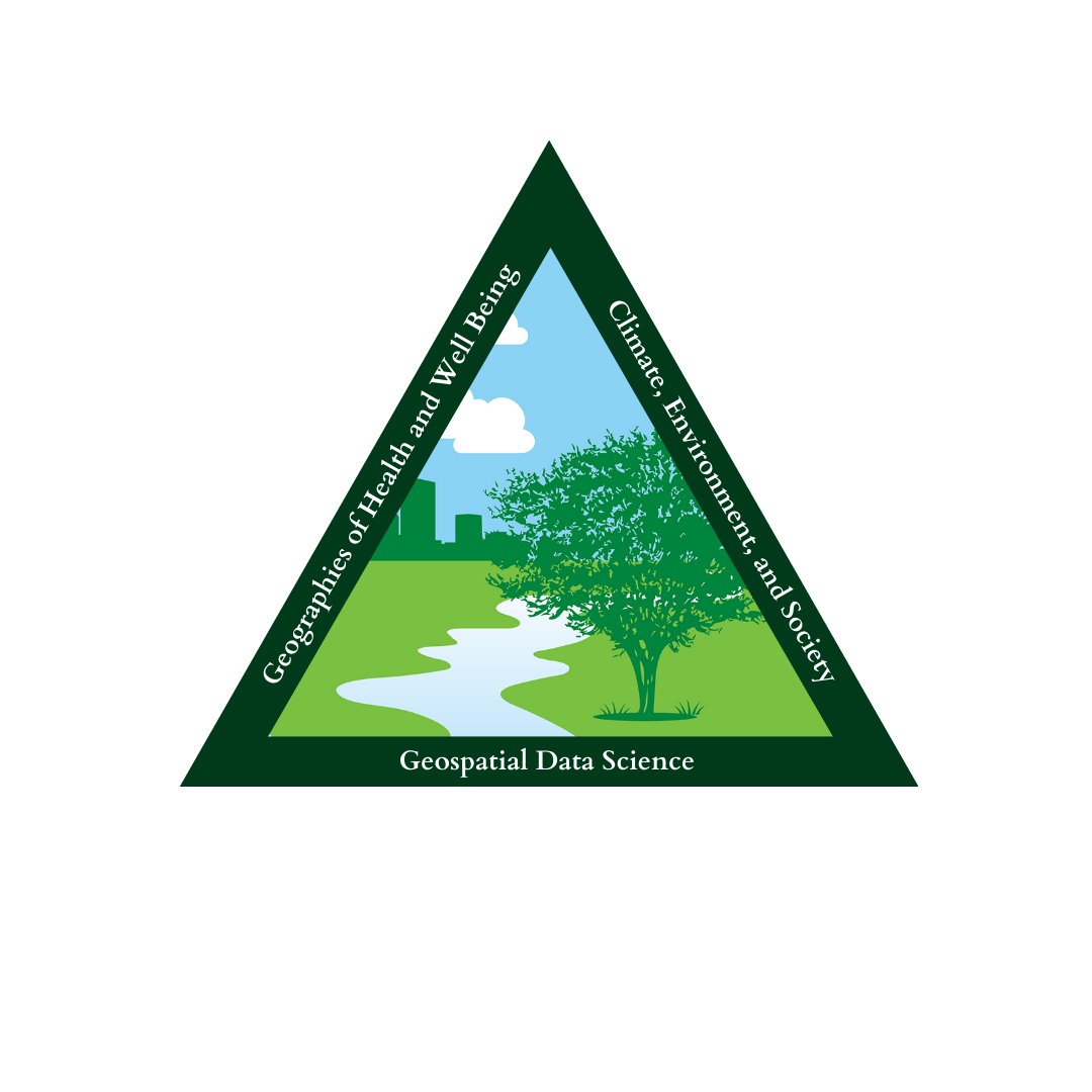 Geographies of health and well being, climate, environment, and society, geospatial data science logo logo