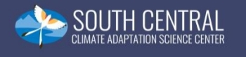 South Central Climate Adaptation Science Center Logo, depicting the organization’s name and a scissor-tailed flycatcher against a blue sky background.