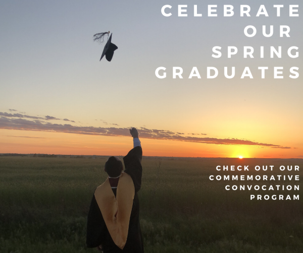 A spring 2020 A&GS Graduate throws his mortarboard up in celebration against the colorful background of a setting sun.  Celebrate our spring graduates. Check out our commemorative convocation program.