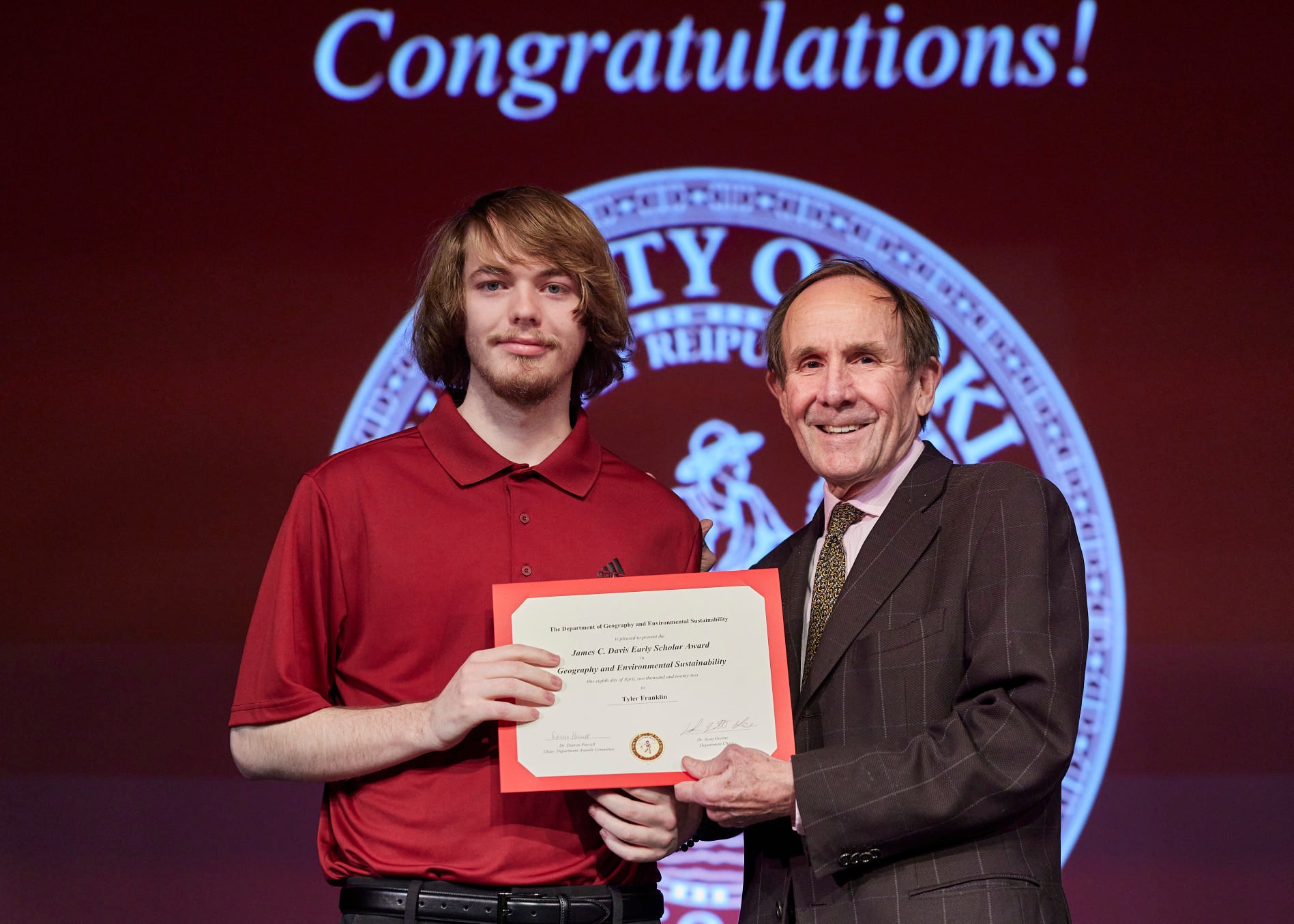 James C. Davis Early Scholar in Geography & Environmental Sustainability - Tyler franklin with Dean Berrien Moore