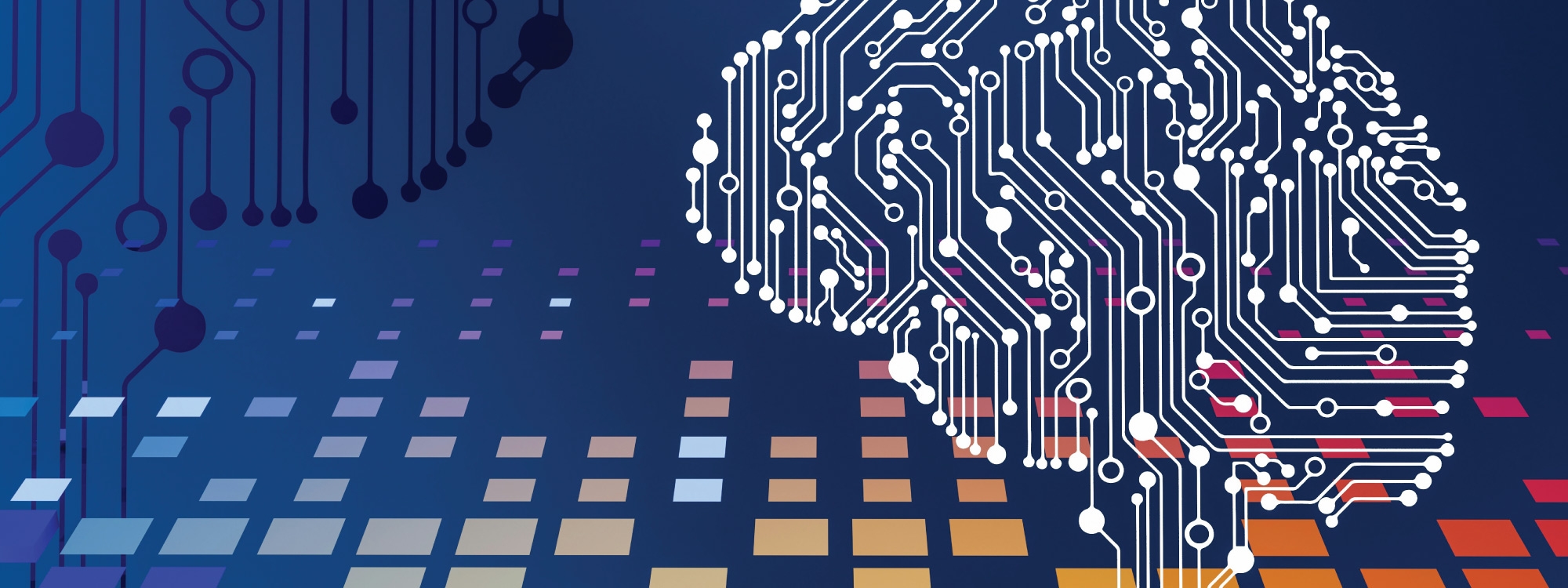 An outline of a brain composed of circuit board lines.