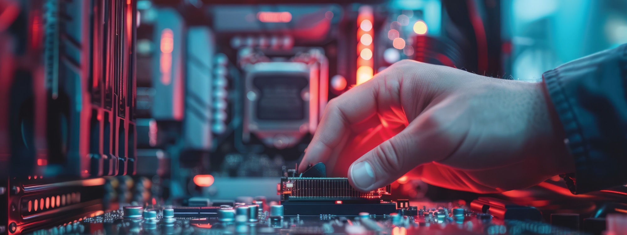 A motherboard with lights and a hand reaching towards it.