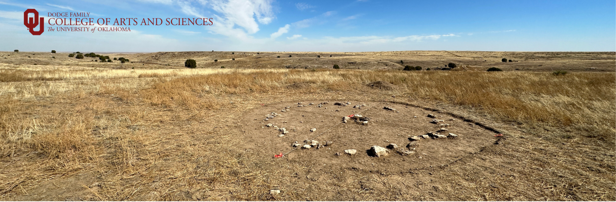 Photograph of tipi ring overlooking cliff bluff with sky in the background. OU Dodge Family College of Arts and Sciences logo overlaid on the top lefthand corner.