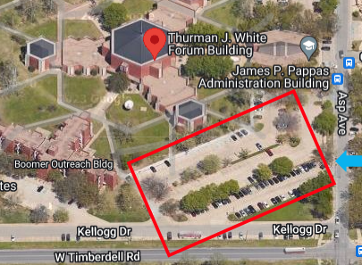 a static image of a satellite view of the Thurman J. White Forum Building on OU's campus. The designated parking area is circled in a red rectangle, with a blue arrow pointing to the entrance to the parking lot from Asp Avenue.