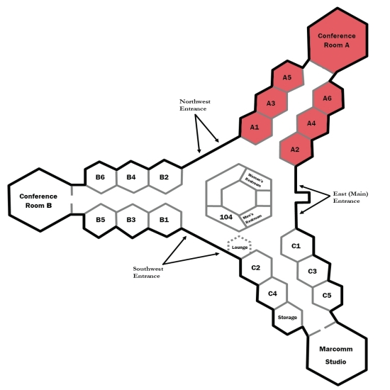 A map of the inside of the Thurman J. White Forum Building, which shows the "A wing" of the building highlighted in red (this is where the conference will take place).