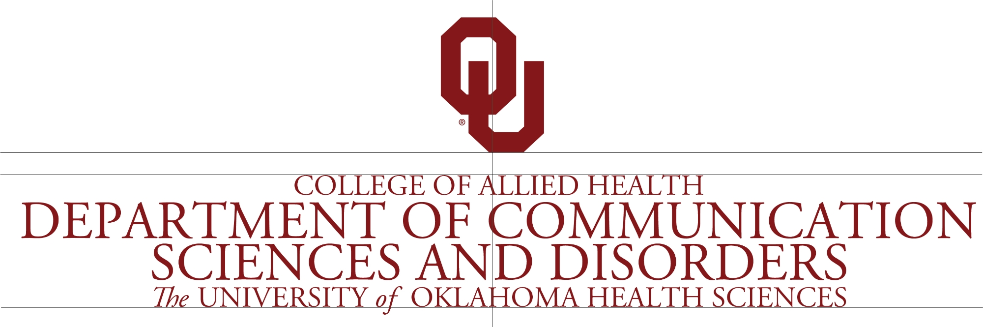 Interlocking OU, College of Allied Health, Department of Communication Sciences and Disorders, The University of Oklahoma Health Sciences wordmark, four-line example.