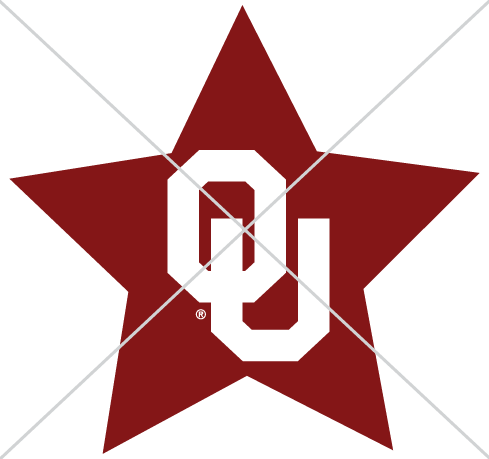 White interlocking OU surrounded by a crimson star, with an "X" drawn over it. Never put the OU logo in a unique shape.
