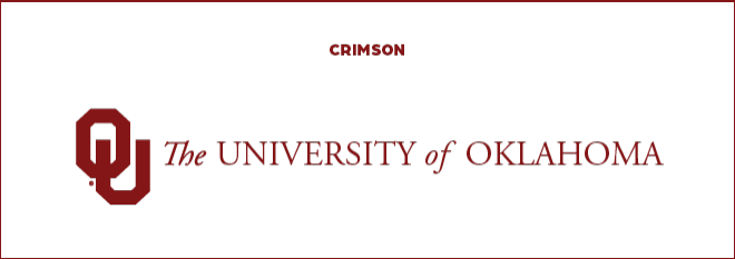 Crimson, Interlocking OU, The University of Oklahoma wordmark on a white background.