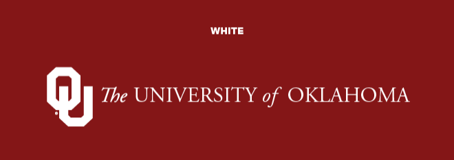 White, Interlocking OU, The University of Oklahoma wordmark with a crimson background.