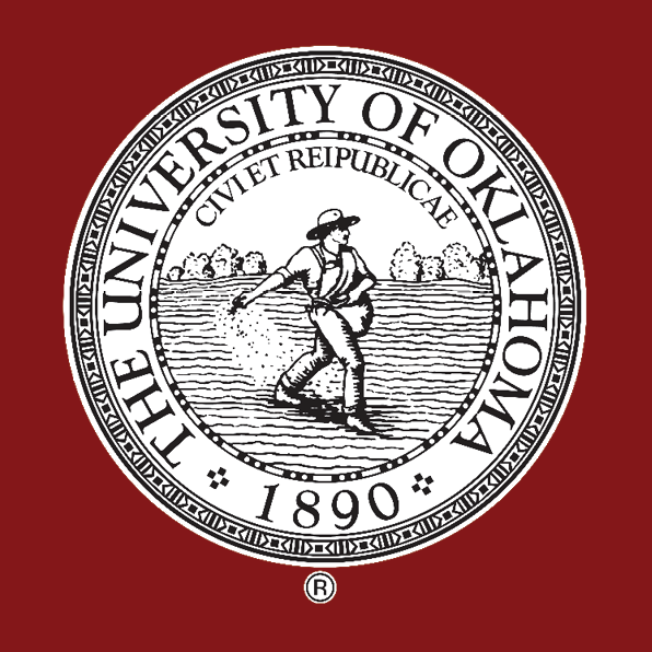 The University of Oklahoma, 1890, Civi et Reipublicae. The OU Seal in black with a crimson background.