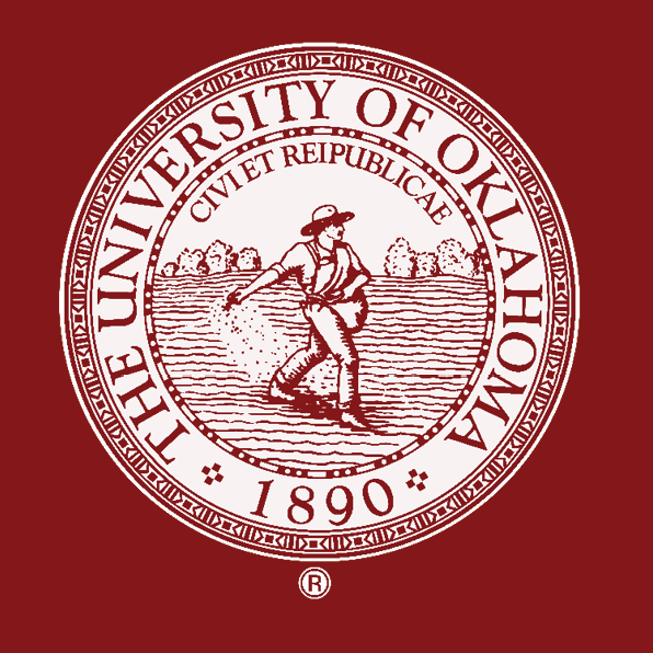 The University of Oklahoma, 1890, Civi et Reipublicae. The OU Seal in crimson with a crimson background.