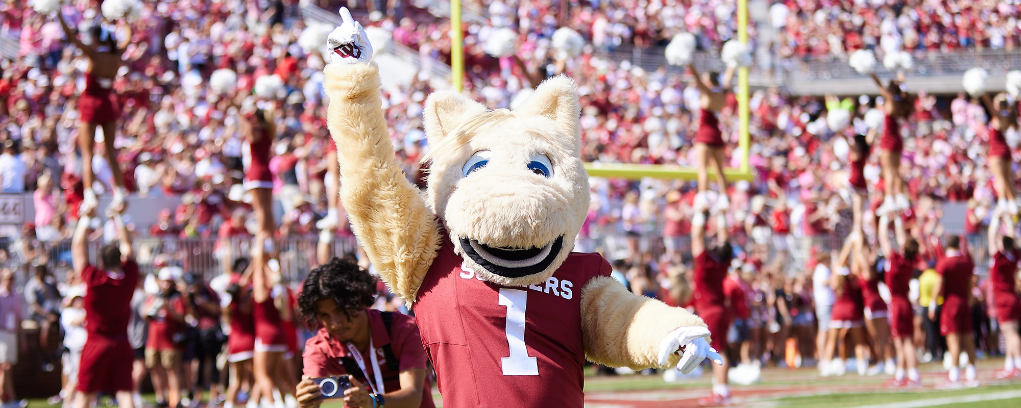O U Mascot on the field during O U vs Arkansas State game on September 2, 2023.